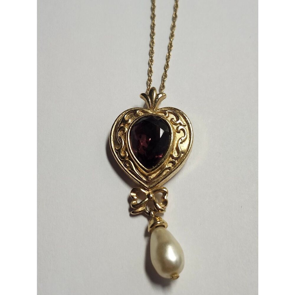 Vintage AVON Purple  Rhinestone Heart Drop Gold Tone, 22" Chain Necklace